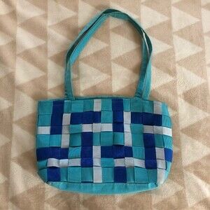 Handmade Woven Ribbon Handbag Purse Satchel Fully Lined Lightweight Teal & Blue
